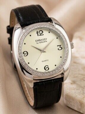 Vintage Embassy by Gruen Quartz Watch - Rhinestone Bezel & Croc Grain Leather